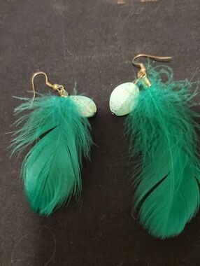 Springtime Feather Earrings with Acrylic Natural Looking Stone Charm
